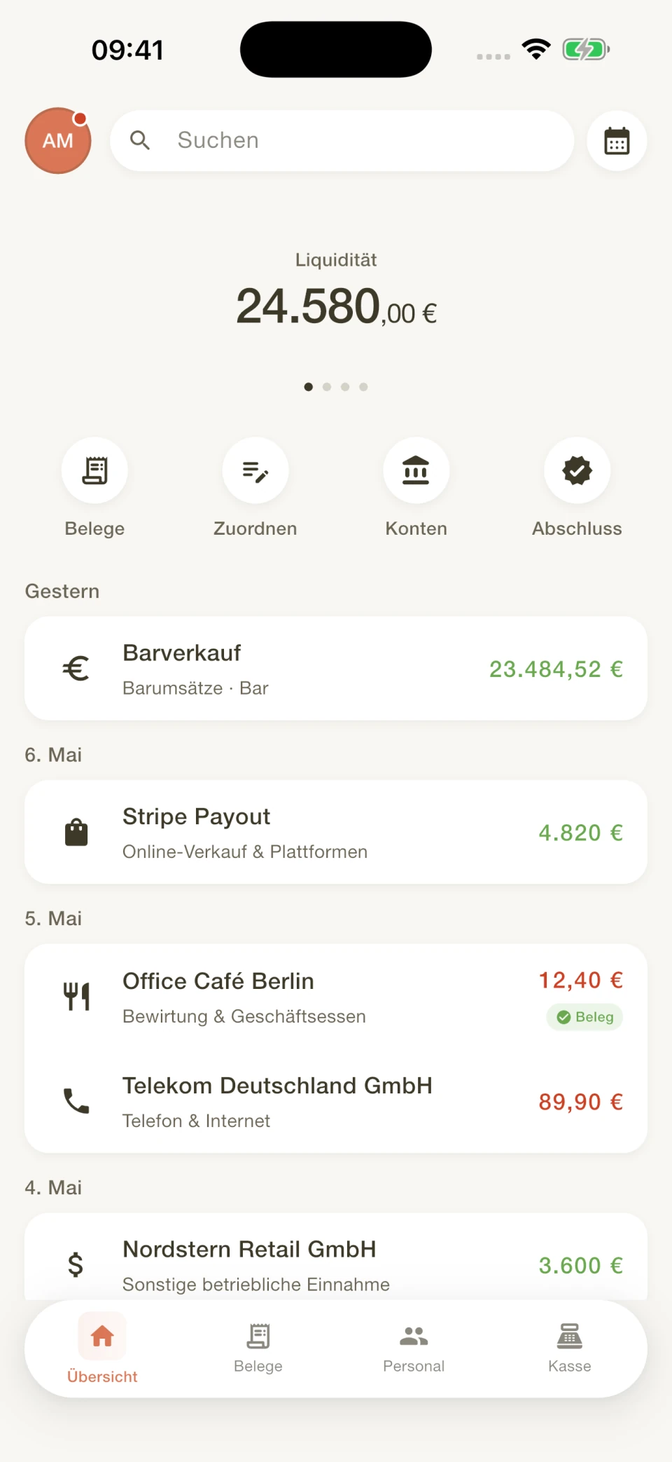 Banking-Übersicht in BuchhaltIQ mit Liquidität, Umsätzen und Belegstatus