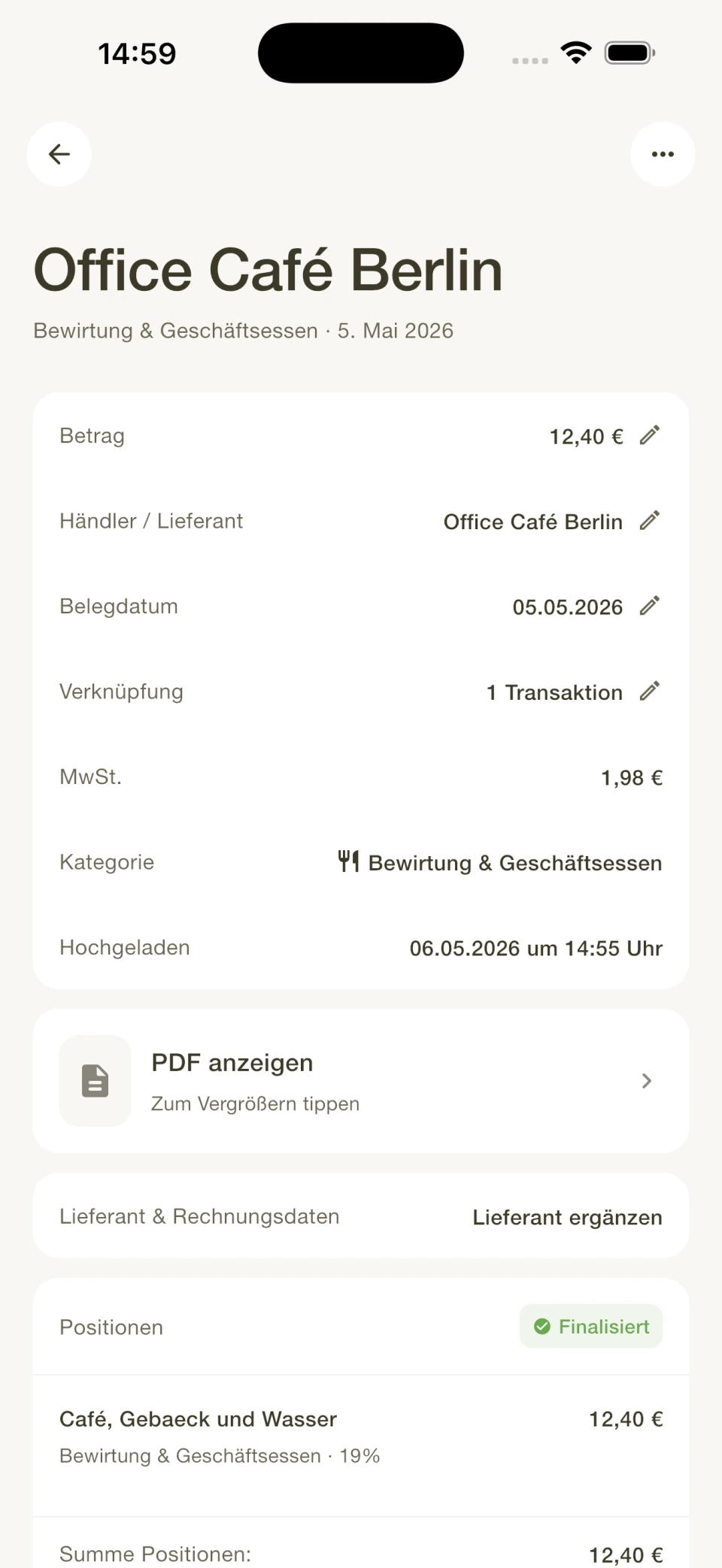 Belegdetails in BuchhaltIQ mit Betrag, Belegdatum und verknüpfter Transaktion